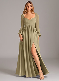 Azazie Bailee Vestidos de damas de honor Vestido de Musgo Verde de Gasa de Corte en A con Manga larga image1