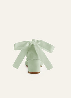front Matching Color Matte Satin Pearl and Bow Pointed Toe Block Heels