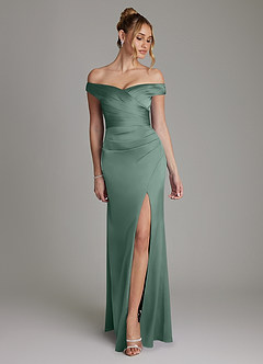 Azazie Teyana Abiti da Damigella Abito Tubino in Raso Elasticizzato a Spalla Scoperta Eucalipto image1