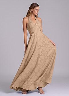 Azazie Tessie Brudtärnklänningar Klä av A-Linje i Blommig Utbrändhet Plisserad Champagne image5