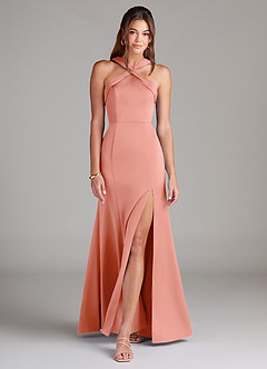 Azazie Rue Bridesmaid Dresses Coral A-Line Pleated Stretch Satin Dress image3