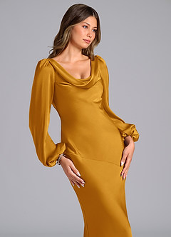 Azazie Rylina Bridesmaid Dresses Butterscotch Mermaid Long Sleeve Stretch Satin Dress image6
