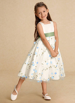 Azazie Pollie Blumenmädchenkleider A-Linie Schleifen Tüll Kleid Himmelblau Staubsalbei image7