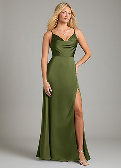 Azazie Sarella Bridesmaid Dresses Olive A-Line Pleated Stretch Satin Dress image1