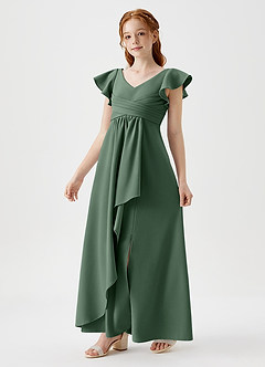 Azazie Omari Junior Eucalyptus A-Line Pleated Stretch Crepe Dress image1