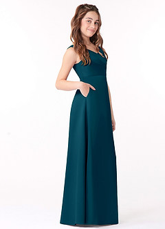 Azazie Sadia Junior Ink Blue A-Line Pleated Stretch Satin Dress image2
