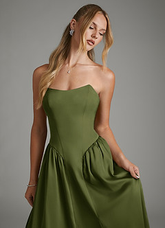 Azazie Arden Robes de demoiselle d'honneur Robe Trapèze en Satin extensible Corset Olive image3