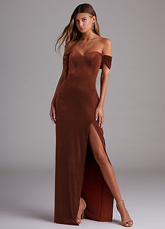 Azazie Shay Jurken voor bruidsmeisjes Converteerbaar Jurk van flueel met Kolom Off the Shoulder Terracotta image4
