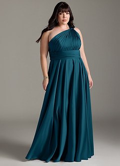 Azazie Charlize Robes de demoiselle d'honneur Robe Trapèze en Satin extensible Asymétrique Bleu Encre image9