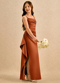 Azazie Cannoli Girls Formal Blumenmädchenkleider A-Linie Plissee Matte Satin Kleid Gebranntes Orange image4