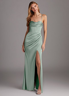 Azazie Brookelle Bridesmaid Dresses Agave Sheath Sweetheart Corset Stretch Satin Dress image4