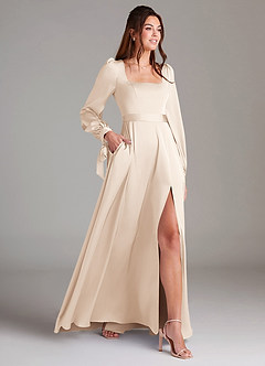 Azazie Leonia Bridesmaid Dresses White Alabaster A-Line Long Sleeve Stretch Satin Dress image4