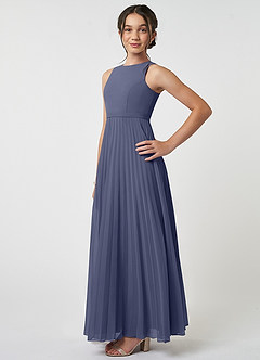 Azazie Lindie Junior Robe Trapèze en Mousseline de soie Plissée Bleu Orageux image3