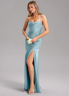 Azazie Grata Robes de demoiselle d'honneur Robe Fourreau en Satin extensible Fente Latérale Bleu Maussade image4
