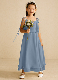 Azazie Temi Robe Demoiselle D'honneur Fillette Robe Trapèze en Mousseline de soie Bretelle Spaghetti Bleu Poussiéreux image2