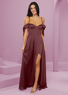 Barbie ♥ Azazie Bridesmaid Dresses Sangria A-Line Off the Shoulder Stretch Satin Dress image6