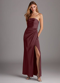 Azazie Lexie Bridesmaid Dresses Sangria Sheath Strapless Stretch Satin Convertible Dress image1