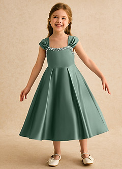 Azazie Yosemite Jurken voor bloemenmeisjes Baljurk Jurk van Mat Satijn Sweetheart Halslijn Eucalyptus image3