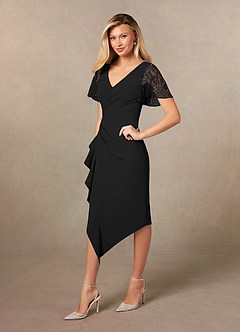 Azazie Eloise Mother of the Bride Dresses Black Sheath Pleated Stretch Crepe Dress image3