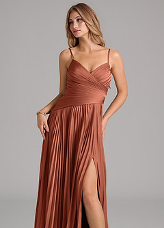 Azazie Vini Brautjungfernkleider A-Linie Plissee Stretch-Satin Kleid Lehm image2