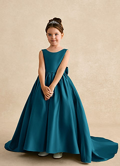 Azazie Mimia Robe Demoiselle D'honneur Fillette Robe Trapèze en Mat Satiné Arc Bleu Encre image3