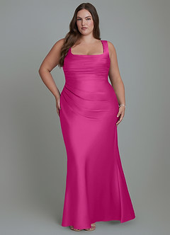 Azazie Agustina Vestidos de damas de honor Vestido Fucsia de Satén Elástico de Corte Sirena con Corsé image7