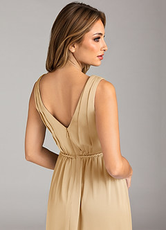 Azazie Tanicia Bridesmaid Dresses Gold A-Line Pleated Stretch Satin Dress image7