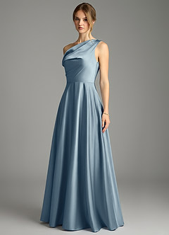 Azazie Xanthe Bridesmaid Dresses Dusty Blue A-Line Off the Shoulder Stretch Satin Dress image4