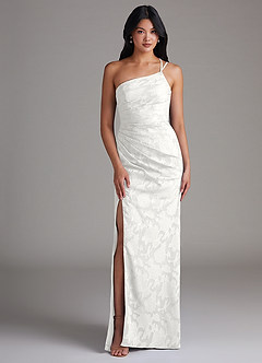 Azazie Eren Bridesmaid Dresses White Sheath One Shoulder Floral Burnout Dress image1