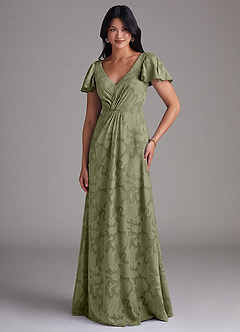 Azazie Soren Final Sale Pistachio A-Line Pleated Floral Burnout Dress image4