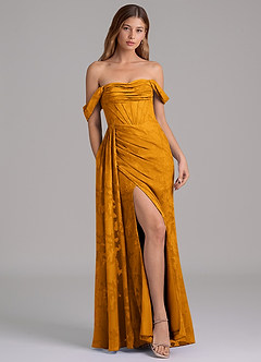 Azazie Amyra Brautjungfernkleider Wandelbar Meerjungfrau-Linie Schulterfrei Blumen-Burnout Kleid Butterscotch image1