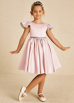 Azazie Sugar Plum Robe Demoiselle D'honneur Fillette Robe Trapèze en Mat Satiné Arc Rose Poudré Sauge Poussiéreuse image2