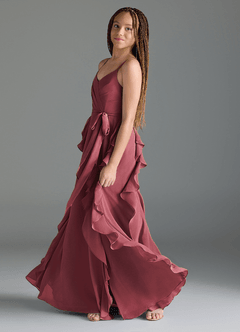 Azazie Peyton Junior Merlot A-Line V-Neck Cascading Ruffles Chiffon Dress image4