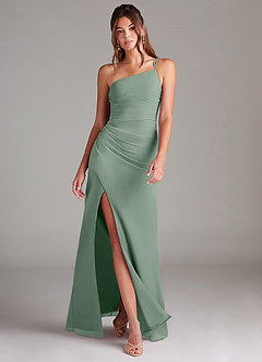 Azazie Eren Vestidos de damas de honor Vestido de Salvia Plateada de Gasa de Corte Recto con Hombro unilateral image1