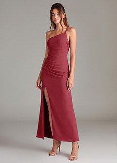 Azazie Eren 신부 들러리 드레스 인어 한쪽 어깨 쉬폰 발목 길이 드레스 image1