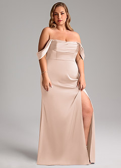 Azazie Saige Bridesmaid Dresses Blushing Pink Sheath Off the Shoulder Stretch Satin Dress image13