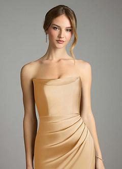 Azazie Leonis Bridesmaid Dresses Gold Mermaid Pleated Stretch Satin Convertible Dress image4
