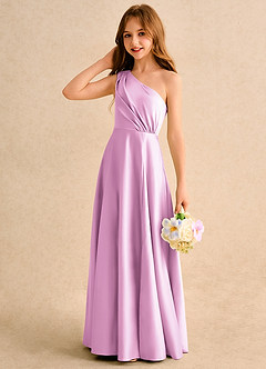 Azazie Puddles Girls Formal Abiti da Ragazza di Fiori Abito A-Line in Raso Opaco Monospalla Rosa Confetto image6