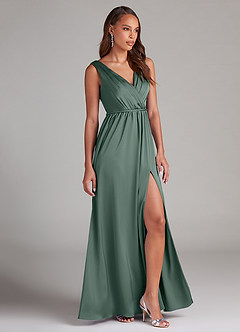 Azazie Tanicia Bridesmaid Dresses Sea Moss A-Line Pleated Stretch Satin Dress image4