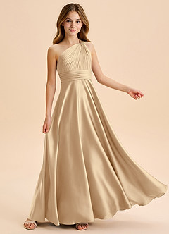 Azazie Charlize Junior A라인 주름진 스트레치 새틴 플로어 길이 주니어 신부 들러리 드레스 image5