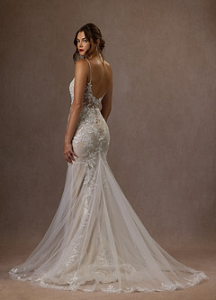 Azazie Leonie Wedding Dresses Diamond White Nude Mermaid V-Neck Sequins Tulle Dress image8