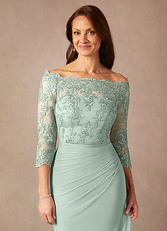 Azazie Rhonda Mother of the Bride Dresses Agave Mermaid Off the Shoulder Mesh Dress image7