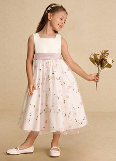 Azazie Pollie Flower Girl Dresses Blushing Pink Blushing Pink A-Line Bow Tulle Dress image3