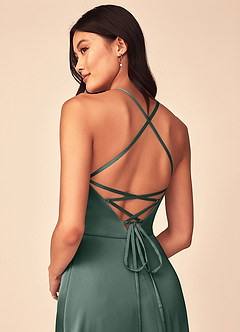 Azazie Mei Robes de demoiselle d'honneur Robe Trapèze en Satin extensible Col en V Mousse De Mer image3