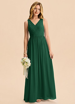 Azazie Kora Junior Dark Green A-Line Pleated Chiffon Dress image3
