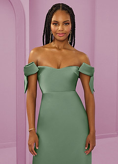Barbie ♥ Azazie Jurken voor bruidsmeisjes Converteerbaar Jurk van Stretch Satijn met Kolom Off the Shoulder Matcha image5
