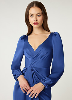 Azazie Mel Bridesmaid Dresses Royal Blue Sheath Long Sleeve Stretch Satin Dress image5