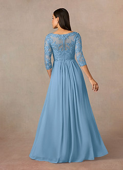 Azazie Hayek vestidos de madre de la novia Vestido de Azul Acero de Gasa de Corte En A con Cuello en V de encaje image4