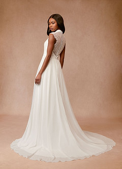 Azazie Cersei At-home Try On Dresses Diamond White A-Line Pleated Chiffon Dress image4