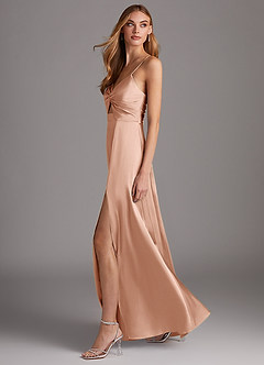 Azazie Jenna Bridesmaid Dresses Rose Gold A-Line Pleated Stretch Satin Dress image3